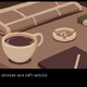 A screenshot from Coffee Talk of a full cup of coffee and a populated ashtray sitting on a table with a folded-up newspaper and what appears to be both a book and journal.